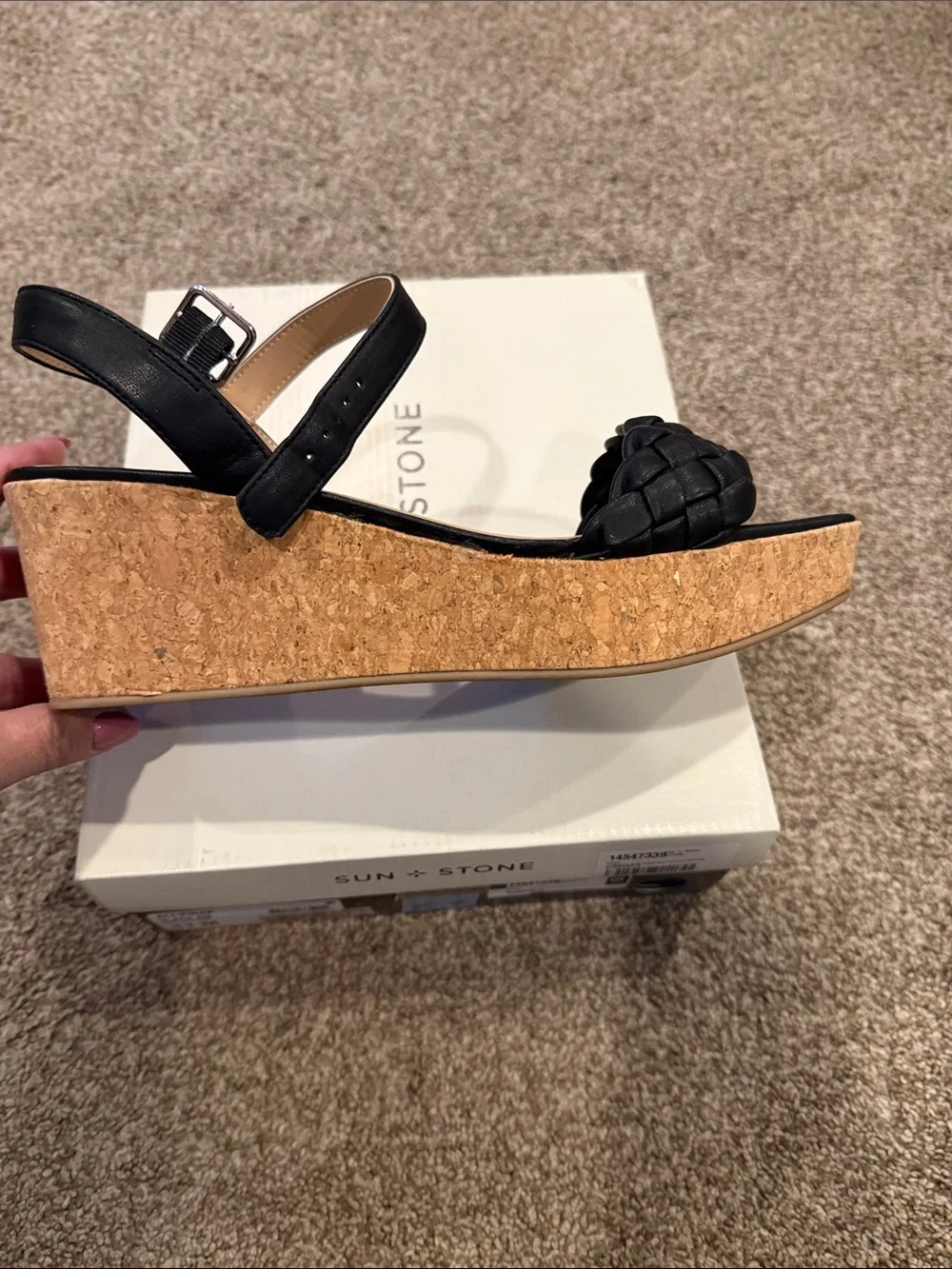 Sun + Stone Black Woven Strap Cork Wedge Sandals